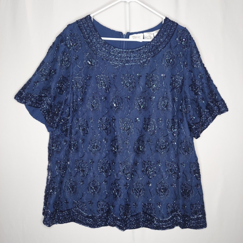 Candlelight Champagne Silk Sequin Mesh Beaded Top Women 24WP Blue‎ Short Sleeve